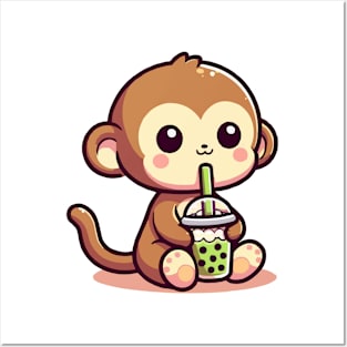 adorable baby monkey green boba Posters and Art